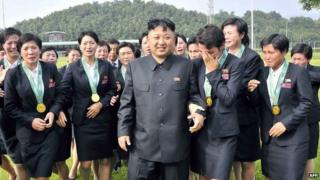File photo: Kim Jong-un (C) with members of the North Korean women's football team