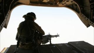 British army Chinook aircrewman in silhouette