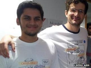 Chris Moos and Abhishek Phadnis wearing censored versions of the T-shirts