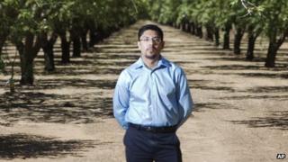 Sergio Garcia is seen in an almond orchard in Durham, California, on 29 June 2012.