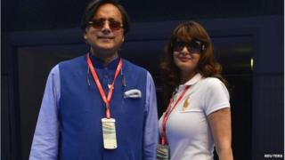 Sunanda Puskhar Tharoor (R) and Shashi Tharoor at the Indian F1 Grand Prix in Delhi, October 27, 2013