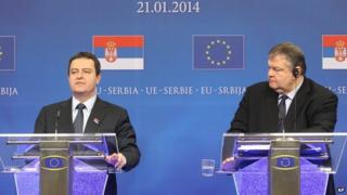 Serbian PM Ivica Dacic (left) speaking in Brussels, 21 Jan 14