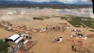 Aerial view of the locality of Clisa, in Cochabamba flooded by heavy rains on 30 January, 2014