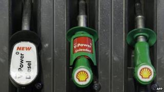 Fuel hoses at a Shell petrol station