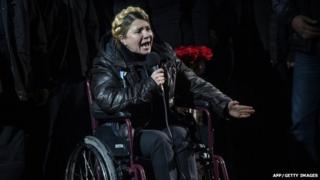 Newly freed Ukrainian opposition icon Yulia Tymoshenko speaks at Independence Square on February 22, 2014