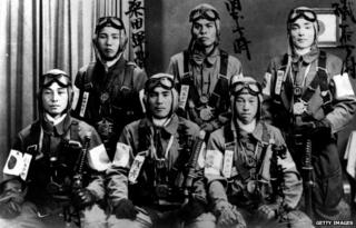 Six Japanese Kamikaze pilots in their uniform