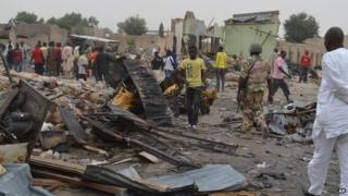 Site of a twin car bombing in Maiduguri, Nigeria, on 2 March, the day after the attack