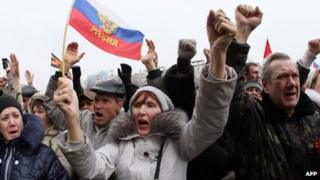Pro-Russian activists at a rally in Donetsk