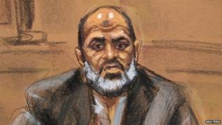 Osama bin Laden's son-in-law Suleiman Abu Ghaith is seen in a courtroom drawing as he takes the stand in his own defence against terrorism charges in New York 19 March 2014