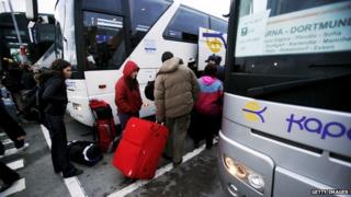 Bulgarians boarding bus destined for Berlin - file pic