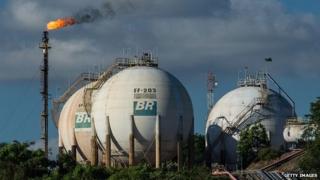 Gas tanks of Brazilian state-owned oil giant Petrobras on the Negro river, Manaus, Brazil