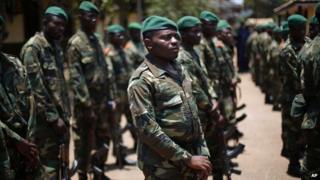 African peacekeeping mission troops known as MISCA, listen to US Ambassador to the UN Samantha Power in Bangui (9 April 2014)