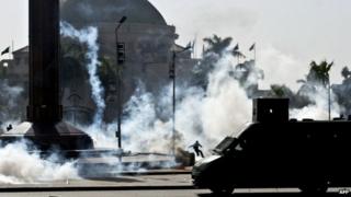 Tear gas fired by riot police during demonstration outside Cairo University. 26 March 2014