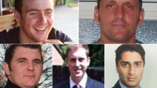 The killed crew (clockwise from top left): Capt Thomas Clarke, WO2 Spencer Faulkner, Flt Lt Rakesh Chauhan, Cpl James Walters, and L/Cpl Oliver Thomas