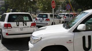 UN vehicles used by chemical weapons inspectors in Damascus, Syria (26 August 2013)
