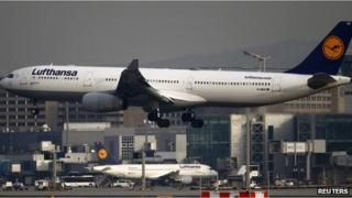 Lufthansa airplane lands at the Fraport airport in Frankfurt