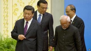 Xi Jinping with Premier Li Keqiang, Indian Vice-President Hamid Ansari and Myanmar President Thein Sein - 28 June