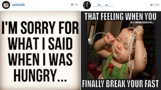 A composite image showing two widely shared #RamadanProblems posts from Instagram. One reads "I'm sorry for what I said when I was hungry", the other "That feeling when you finally break your fast" and shows an image of a toddler eating spaghetti