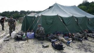 Ukrainian soldiers in a camp near Gukovo, Russia, 4 August