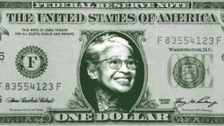 A $1 bill with Rosa Parks' face imposed on it