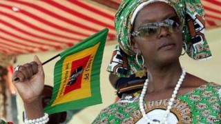 Grace Mugabe pictured in a Zanu-PF print dress in 2008 in Zimbabwe