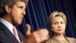 Hillary Clinton and John Kerry at a news conference in Washington DC - 2 August 2007