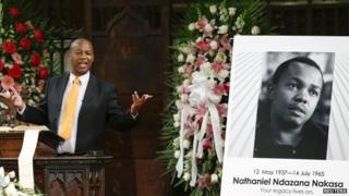 Sipho Masondo, nephew of exhumed South African journalist Nathaniel Nakasa, speaking during a memorial service for his uncle Nat Nakasa in the Broadway Presbyterian Church in New York, 16 August 2014