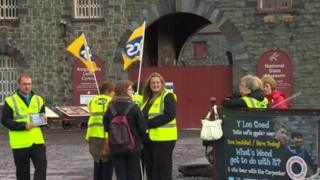 Striking staff outside the National Slate Museum, Llanberis, Gwynedd