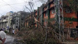 Tree branches are seen entangled in broken electric wires after cyclone Hudhud's land fall in Vishakapatnam in the Indian state of Andhra Pradesh, India on 13 October 2014
