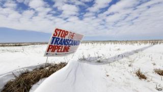 A sign reading Stop the Transcanada Pipeline appeared in Bradshaw, Nebraska, on 11 March 2013