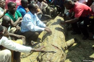 Villagers crowding round the dead crocodile
