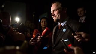 Anton Chromik of Slovakia's Alliance for Family after the defeat in the gay rights referendum, 8 February 2015