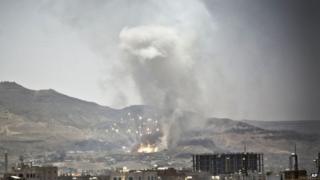 Saudi-led air strike hits site in Yemeni capital, Sanaa. 21 April 2015