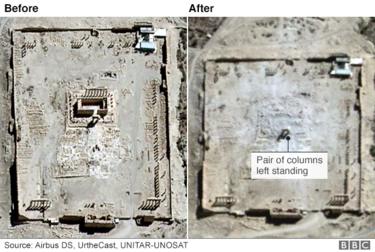 Satellite image of Palmyra showing destruction of the Temple of Bel