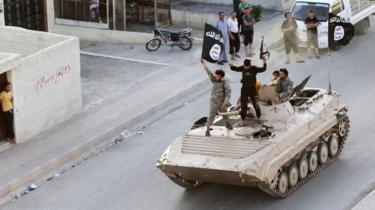 Jihadist militants from so-called Islamic State take part in a military parade in Raqqa, Syria (30 June 2014)