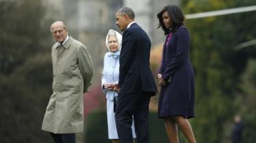 The Queen and the Duke of Edinburgh greet Barack and Michelle Obama
