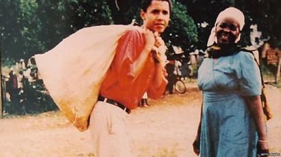 A photo of a family photograph of Barack Obama standing with his step-grandmother Sarah Obama on a 1987 visit to Kenya - 2008