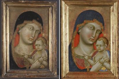 Obra 'Virgem Maria e Menino Jesus' antes e depois da restauração