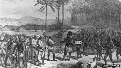 Henry Morton Stanley is greeted by Manyema tribesmen in 1883