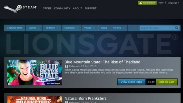 Gaming platform Steam now sells rentals of Lionsgate films.