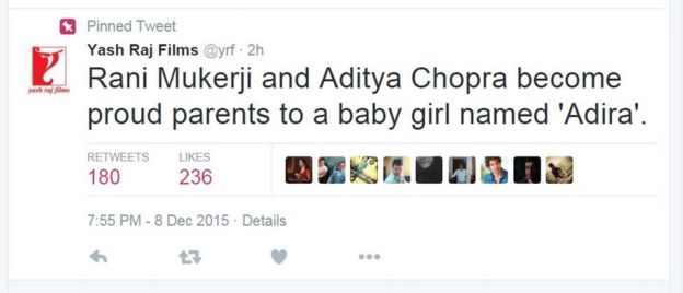 Rani Mukerji and Aditya Chopra become proud parents to a baby girl named 'Adira'.