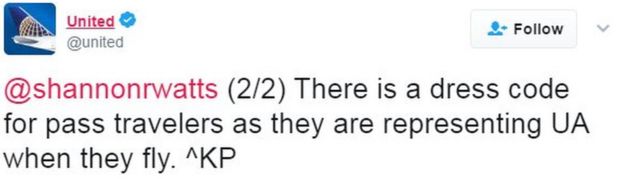 Tweet from United reads: There is a dress code for pass travelers as they are representing UA when they fly. ^KP
