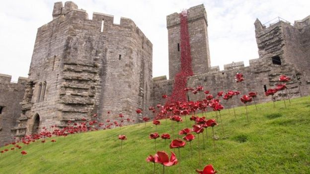 Obra reúne papoulas artificiais em castelo