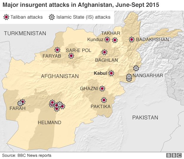 Map of major insurgent attacks in Afghanistan June-September 2015