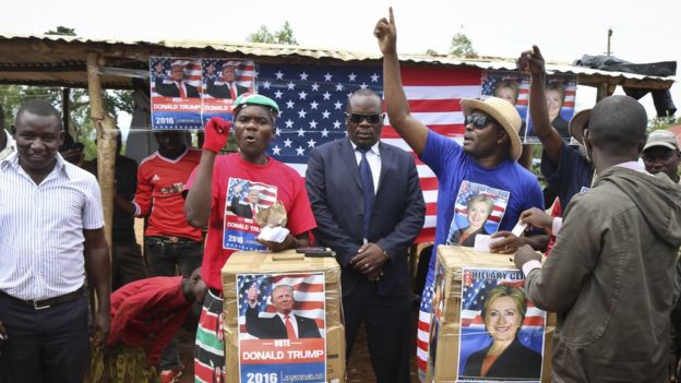 Comedians stage a mock election in the village of Kogelo, the home town of Sarah Obama, step-grandmother of President Barack Obama, in western Kenya, Tuesday 8 November 2016