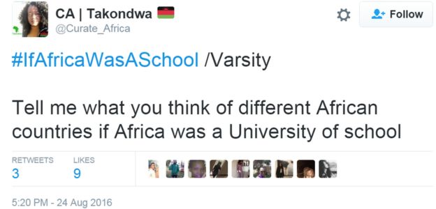 Tweet reads: #IfAfricaWasASchool /Varsity Tell me what you think of different African countries if Africa was a University of school