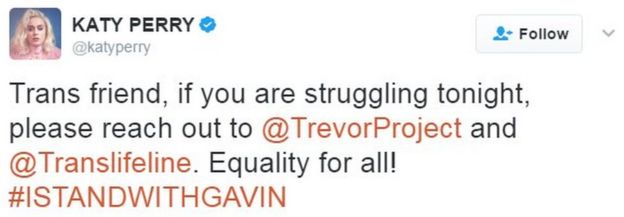 Tweet from singer Katy Perry reads: Trans friend, if you are struggling tonight, please reach out to @TrevorProject and @Translifeline. Equality for all! #ISTANDWITHGAVIN