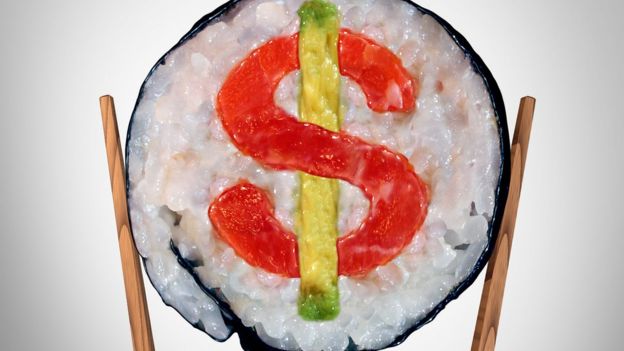 Sushi con salmón haciendo signo de dólares