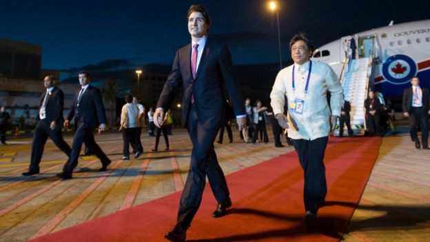 Canadian Prime Minister Justin Trudeau arrives in Manila, Philippines, on 17 November to attend the APEC Summit.