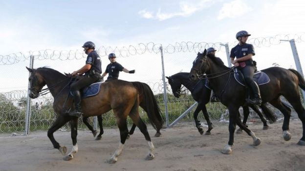 Hungarian mounted police patrol the border with Serbia. Photo: 14 September 2015